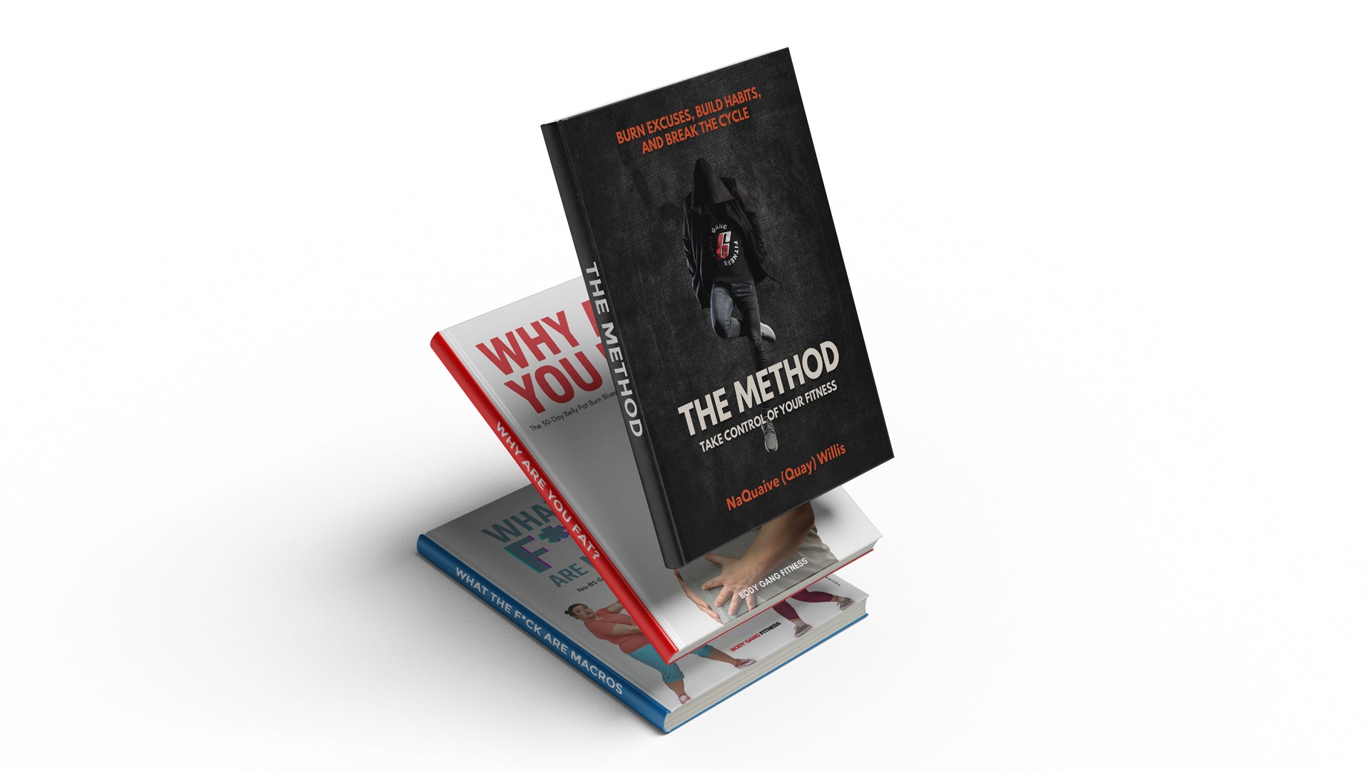 Three books stacked on a white background